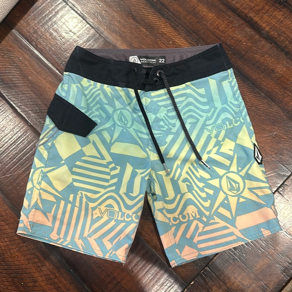 Volcom Boys Teal Yellow Coral Geo Print Swim Trunks